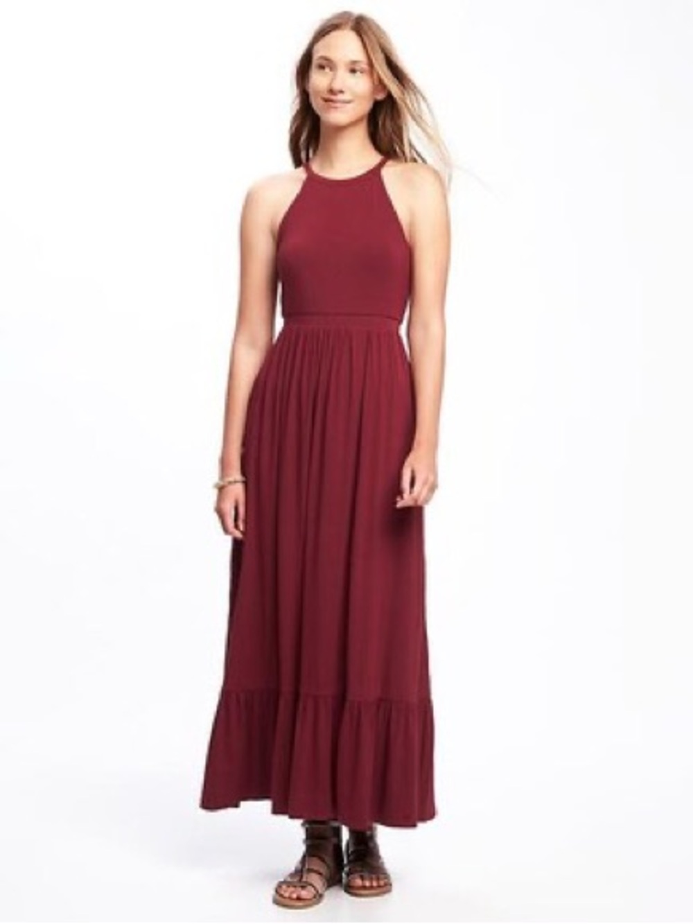 High-Neck Ruffle-Hem Maxi Dress for Women in Burgundy Size Large